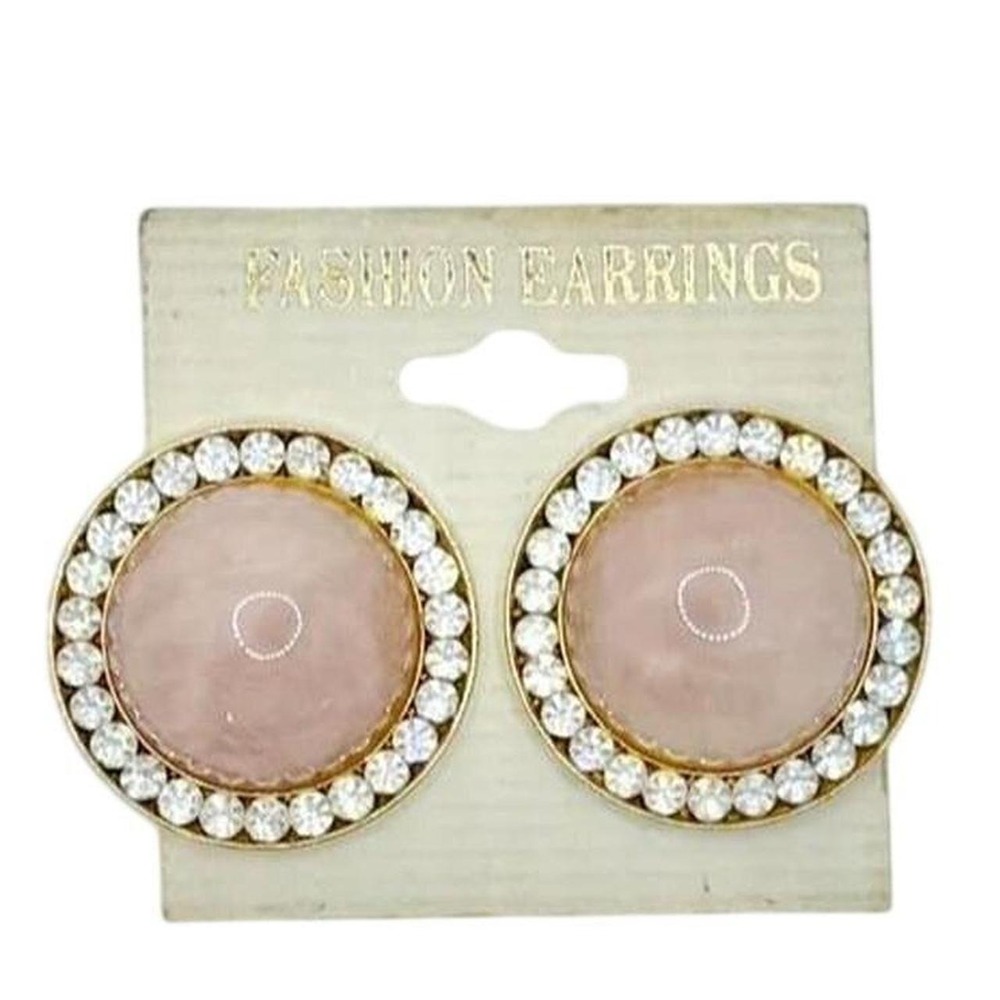 NOS Rose Colored Stone or Glass Cabochon Postback Earrings with Rhinestones